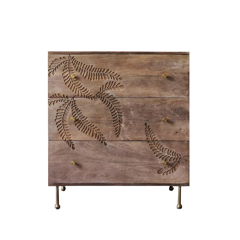 Natural Wood 3-Drawer Dresser with Carved Leaf Design