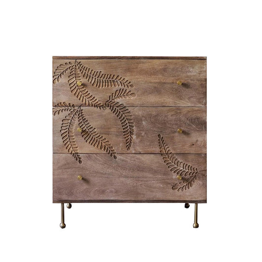 Natural Wood 3-Drawer Dresser with Carved Leaf Design