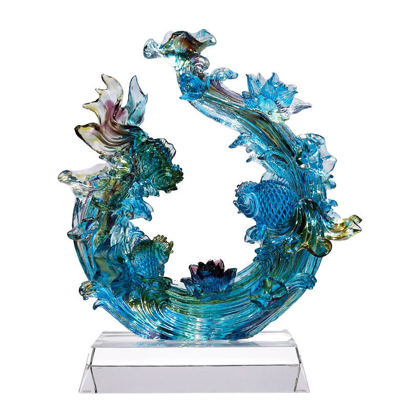 Blue Art Glass Goldfish Sculpture with Crystal Display Base, Decorative Fish Figurine for Living Room, Entryway, Office, Housewarming and Business Gift
