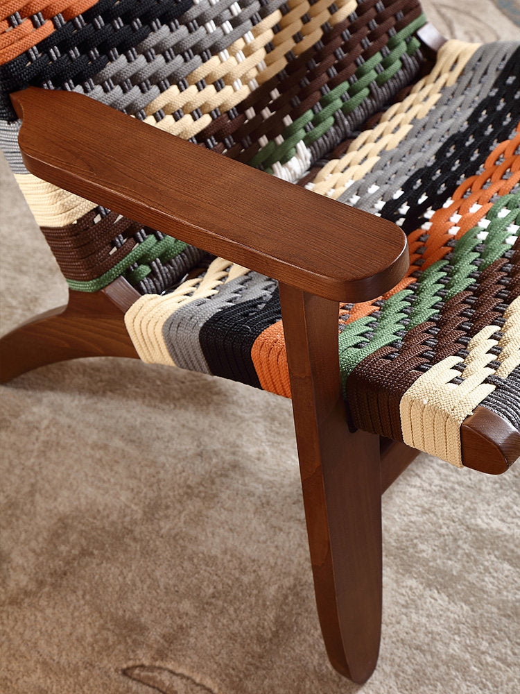 Solid Ash Wood Woven Rope Accent Chair, Multicolor Mid-Century Lounge Armchair for Living Room, Bedroom, Balcony and Reading Nook