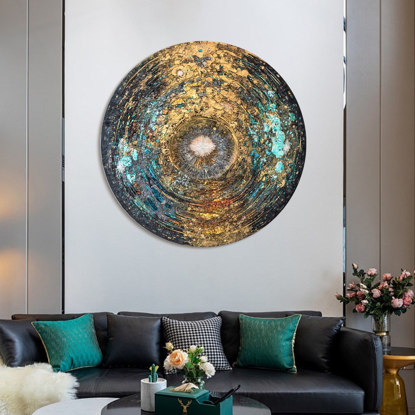Round Abstract Wall Art 35.4 Inch, Hand Painted Textured Teal Gold Decor