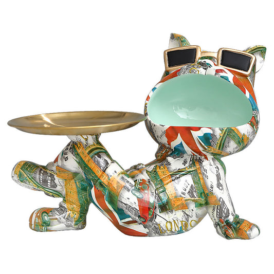 Multicolor Resin Bulldog Key Holder Tray, Pop Art Dog Statue with Gold Catchall Dish and Sunglasses for Entryway, Living Room, Office Desk, Shoe Cabinet and Housewarming Gift