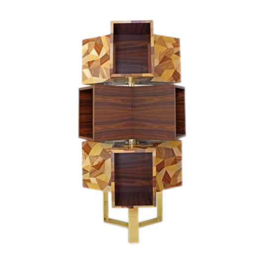 Rotating Wood Bookshelf, 53 Inch Geometric Display Cabinet with Gold Metal Base, Modern Luxury Open Storage Shelf for Living Room, Home Office, Bedroom, Lounge, Entryway