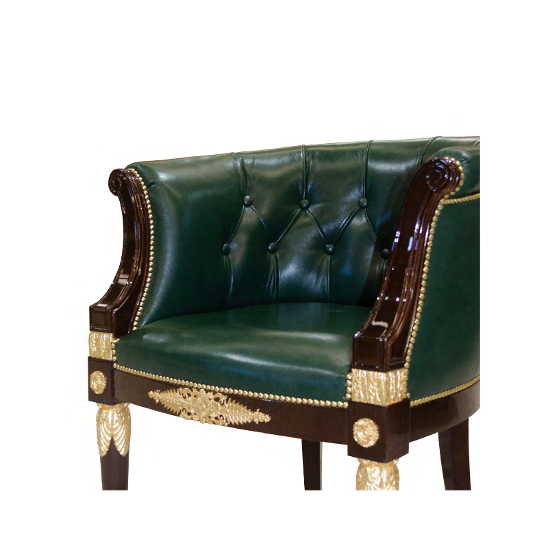 Green Leather Tufted Accent Chair with Carved Wood and Gold Trim