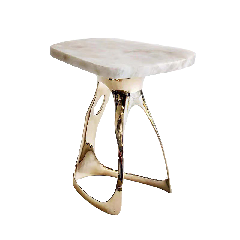 Modern Marble Side Table with Sculptural Gold Base, Irregular Accent End Table with White Stone Top for Living Room, Bedroom, Lounge or Entryway