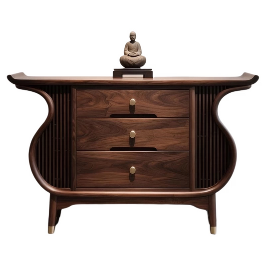 Modern Solid Ash Wood Entryway Cabinet with 3 Drawers, Mid-Century Curved Console Cabinet, Walnut Finish Storage Sideboard, Wooden Accent Buffet Cabinet for Entryway, Living Room, Dining Room &amp; Hallway