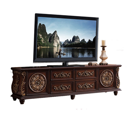 Solid Wood TV Stand with 6 Drawers &amp; 2 Cabinets, Traditional Carved Entertainment Center, Walnut Finish Media Console Cabinet for TVs Up to 80 Inch, Living Room Storage Console