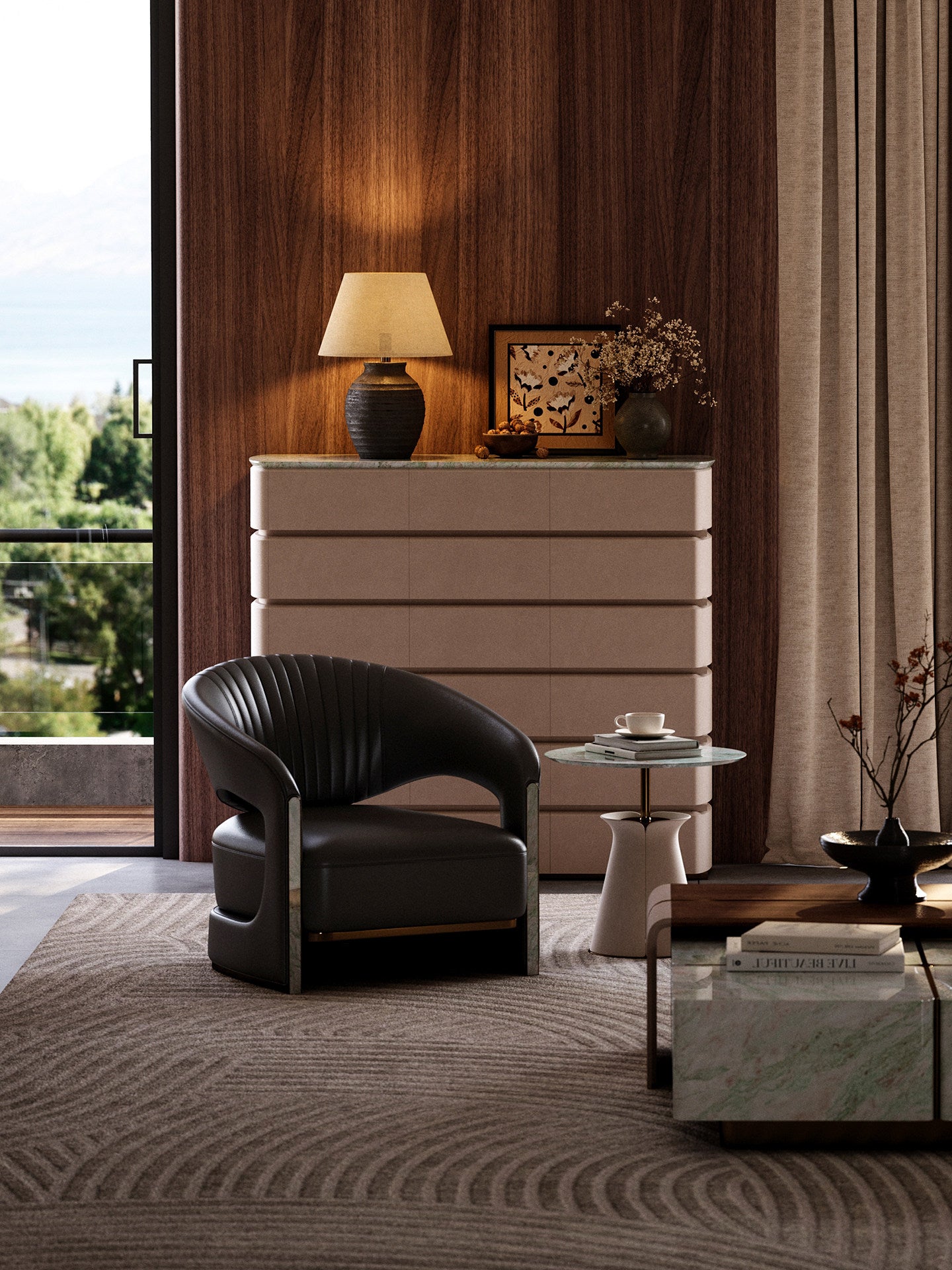 Black Leather Accent Chair, Modern Lounge Chair with Turquoise Stone Arm Accents, Bronze Detail Single Sofa Chair, Curved Back Armchair for Living Room, Bedroom, Villa, Office
