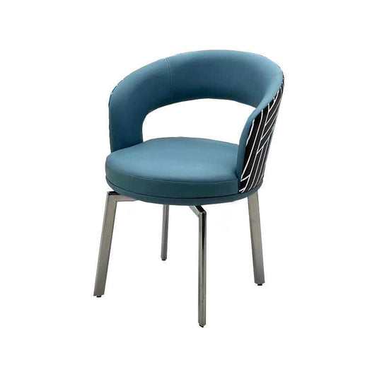 Teal Blue Upholstered Swivel Dining Chair, Curved Open-Back Armchair with Black Wire Detail and Polished Stainless Steel Legs for Dining Room, Kitchen, Vanity and Reception