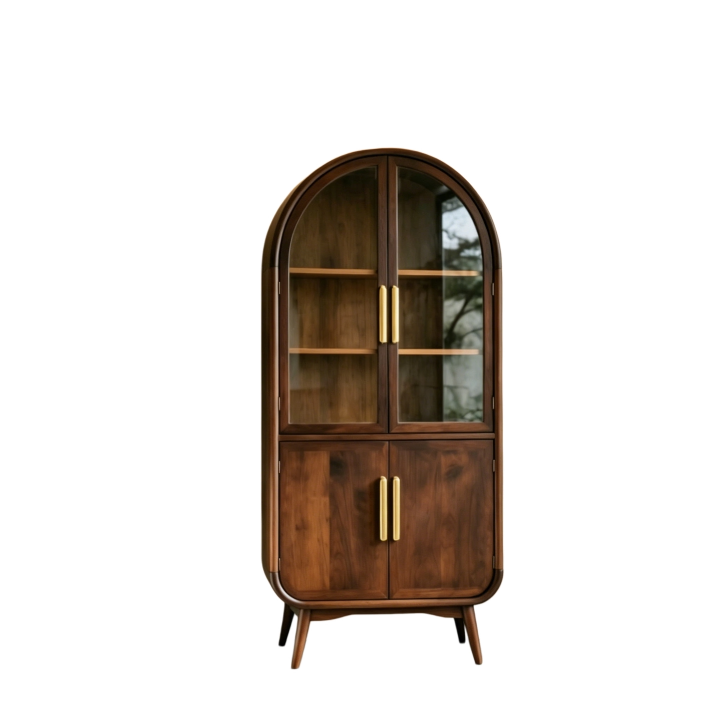 Ash Wood Arched Liquor Cabinet with Glass Doors and Storage Shelves
