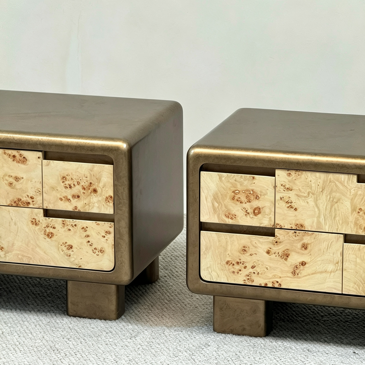 Brown Burl Veneer Nightstand with Storage Drawers for Bedroom
