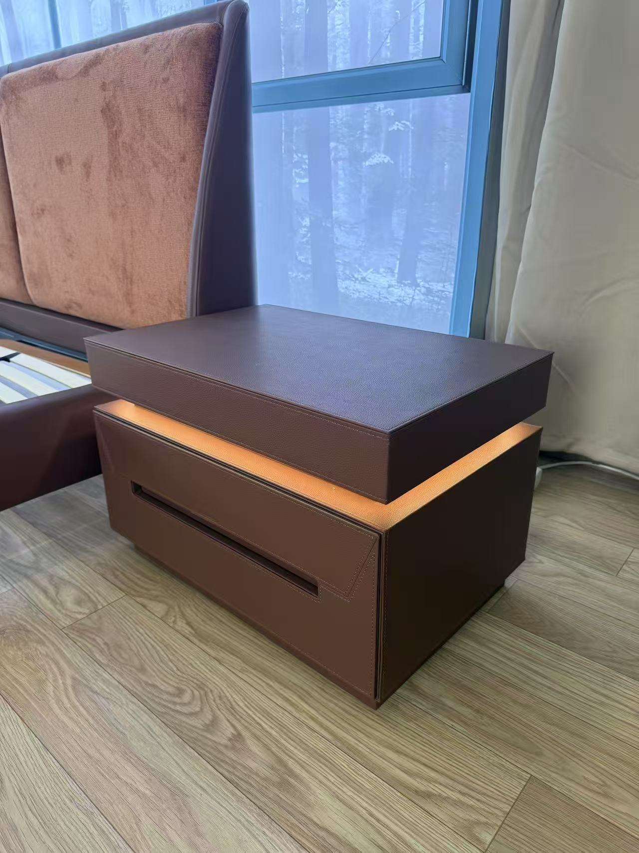 Brown Leather-Wrapped Nightstand with Sensor Light and Drawer