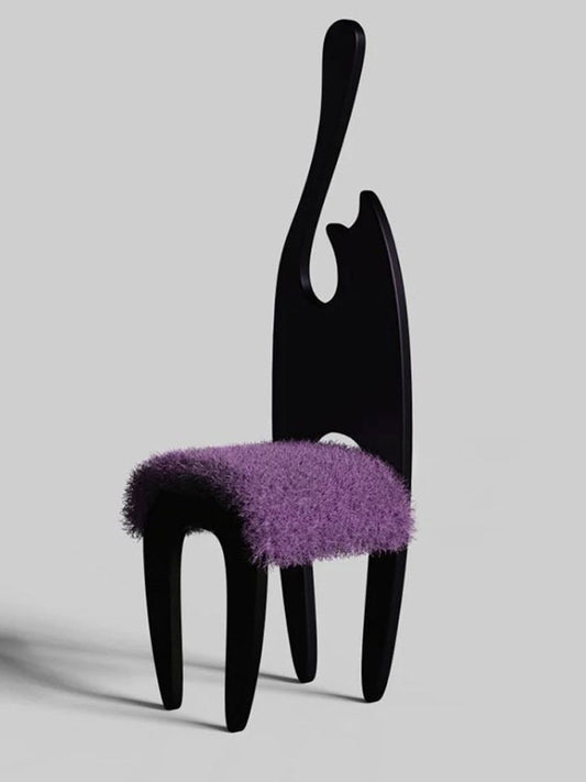 Purple Sherpa High Back Dining Chair, Sculptural Solid Wood Accent Chair with Curved Tall Backrest, Upholstered Vanity Chair for Dining Room, Bedroom, Reading Nook, Cafe, and Boutique Decor