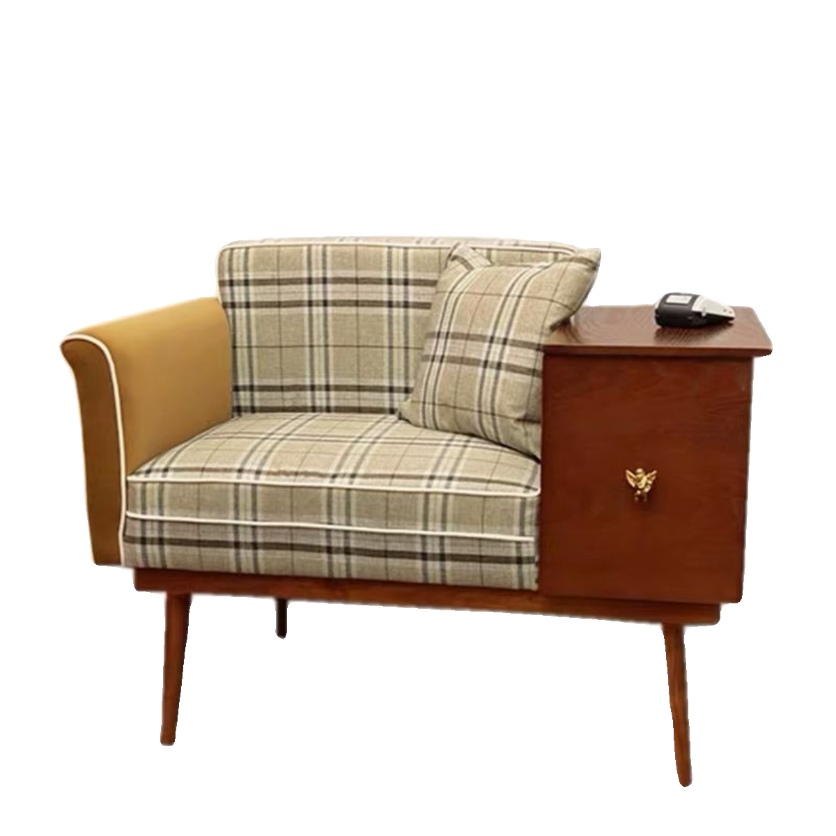 Plaid Wood Telephone Bench with Side Table and Storage Cabinet