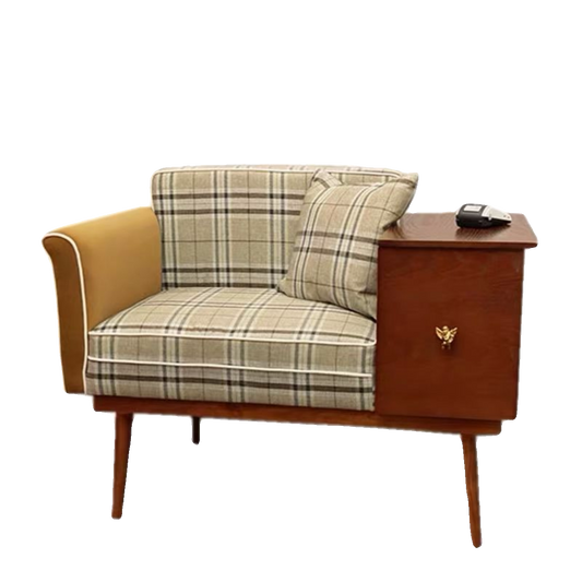 Plaid Wood Telephone Bench with Side Table and Storage Cabinet