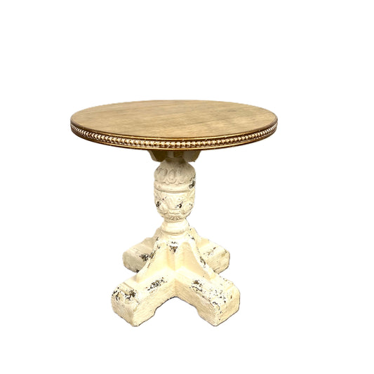 Distressed Round Wood Side Table with Carved Pedestal Base