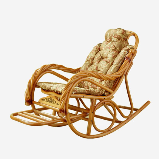 Natural Rattan Rocking Chair with Footrest and Floral Cushion