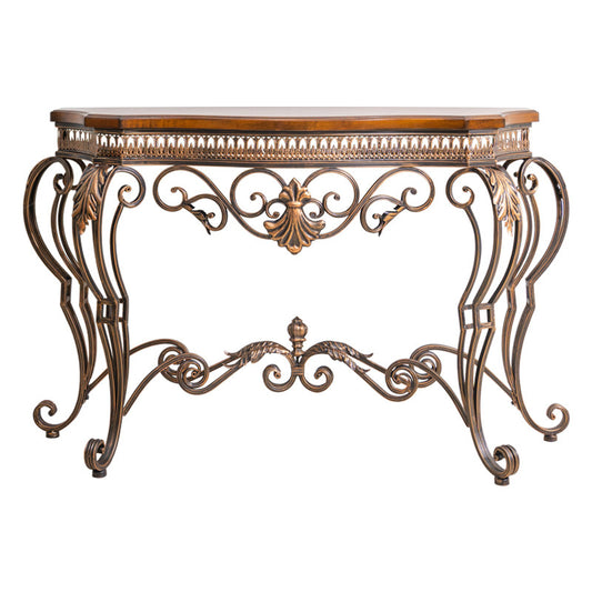 Antique Brown and Gold Demilune Console Table, Birch Wood Top with Ornate Wrought Iron Scroll Frame, Narrow Half-Moon Entryway Table for Foyer, Hallway, Living Room and Dining Room