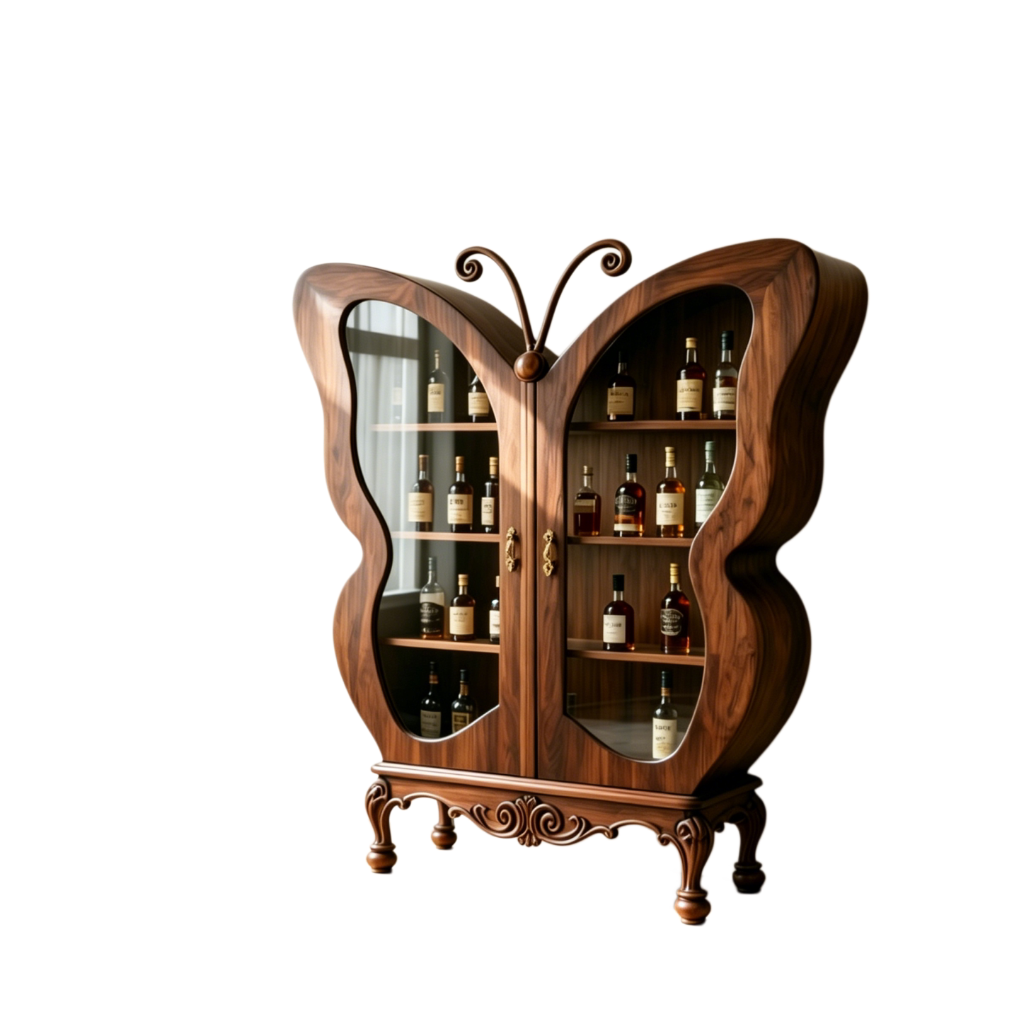 Butterfly Liquor Cabinet with Glass Doors, Ash Wood Bar Display Storage