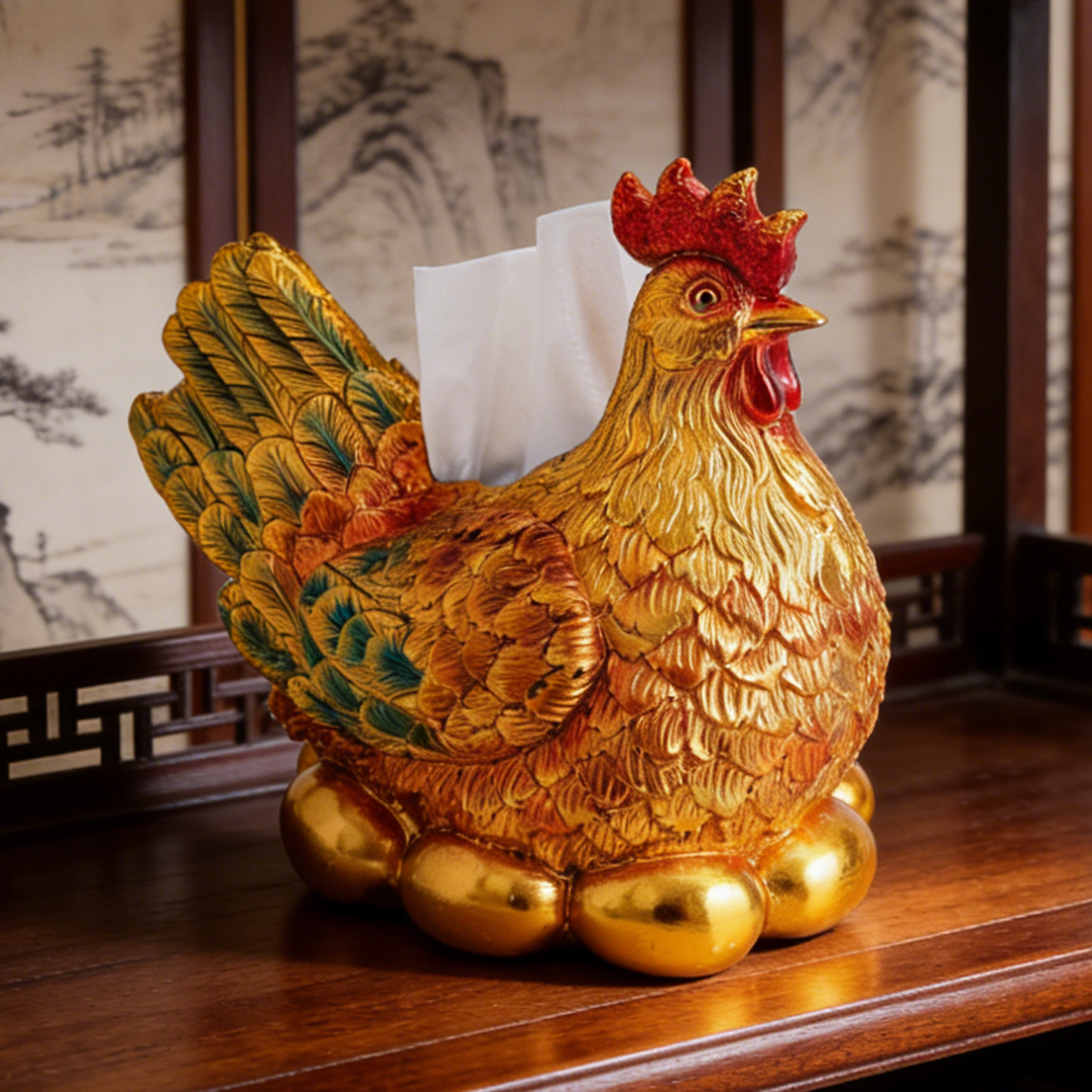 Gold Hen Tissue Box Holder, Decorative Chicken Tissue Dispenser, Gold-Tone Hen Figurine Napkin Holder with Egg Base, Farmhouse Table Decor for Living Room, Kitchen, Office, Entryway