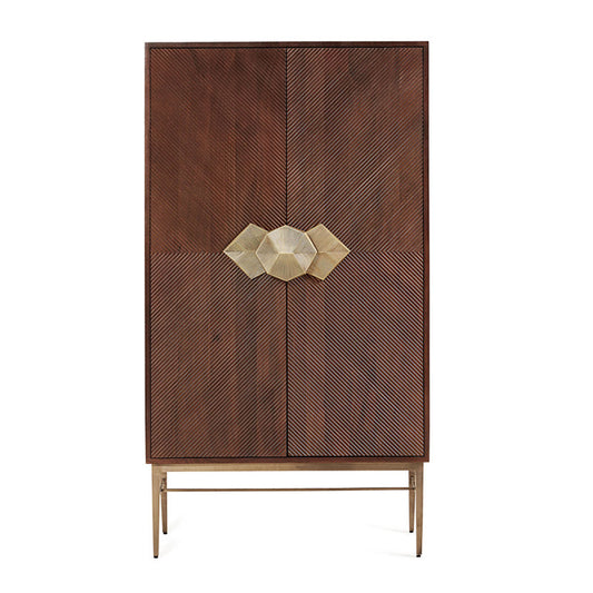 Walnut Brown Bar Cabinet with 2 Doors and Gold Metal Base