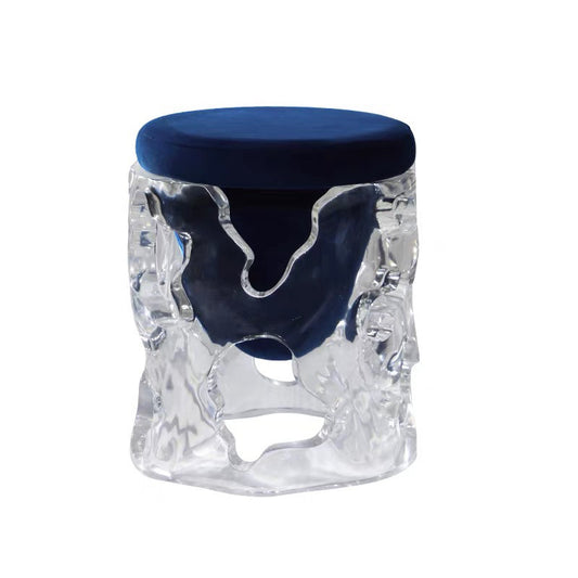 Clear Resin Accent Stool with Navy Blue Cushioned Seat, Sculptural Transparent Round Ottoman with Abstract Cutout Base for Living Room, Tea Room, Bedroom, Vanity and Reading Corner