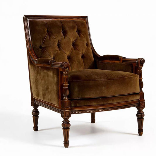 Brown Velvet Tufted Accent Chair with Carved Solid Wood Frame