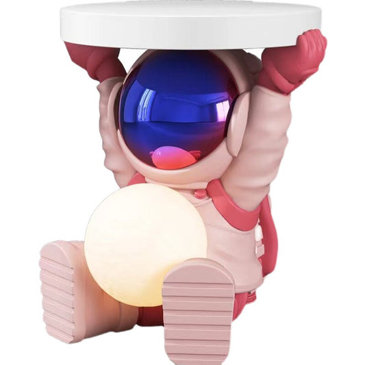 Pink Astronaut Side Table, Round Tray Top Resin Accent End Table, Sculptural Space-Themed Bedside Table for Living Room, Bedroom, Sofa Side, Kids Room and Office