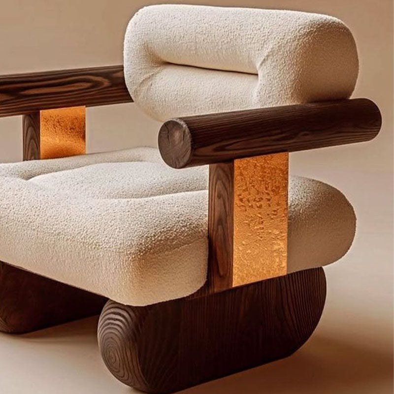 Modern Wabi Sabi Boucle Accent Chair, Solid Ash Wood Lounge Armchair with White Sherpa Upholstery, Japandi Low Profile Single Sofa Chair for Living Room, Bedroom, Hotel Lobby, Reading Corner