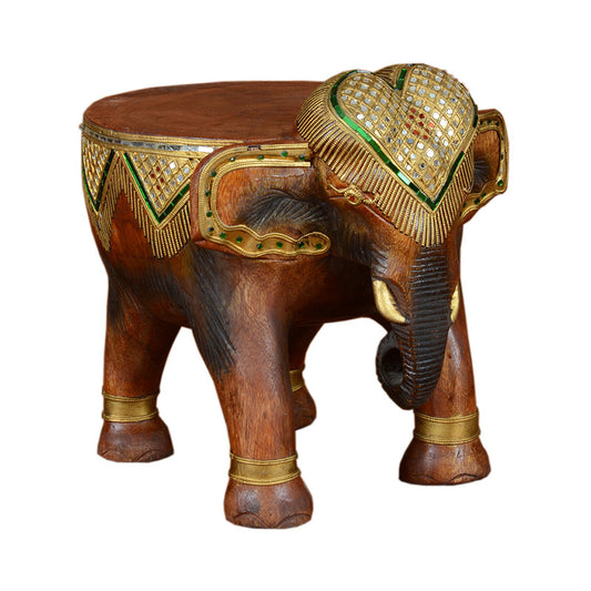 Antique Brown Solid Wood Elephant-Shaped Stool with Gold-Tone Mirror-Style Inlay, Thai-Inspired Carved Low Seat, Footrest and Side Table for Living Room, Entryway and Bedroom