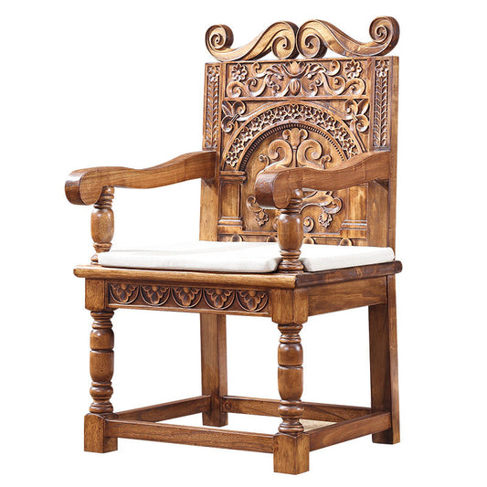 Camel Brown Solid Ash Wood Carved Armchair with Ivory Seat Cushion, Southeast Asian-Inspired High Back Accent Dining Chair for Living Room, Foyer, Bedroom and Hotel