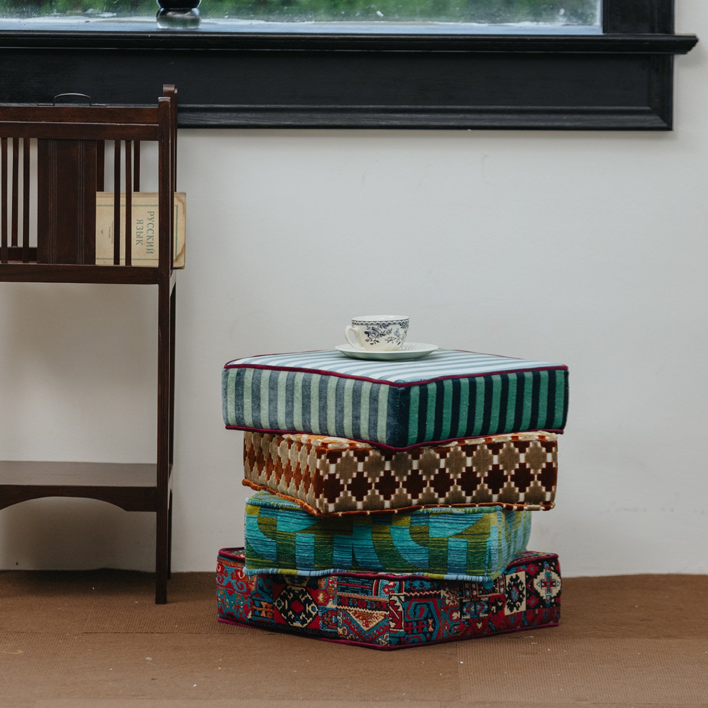 Multicolor Patchwork Upholstered Ottoman Stool, Eclectic Boho Accent Footstool with Cut Velvet and Jacquard Fabric, High-Density Foam Cushion and Russian Pine Wood Frame for Living Room, Entryway, Bedroom and Vanity