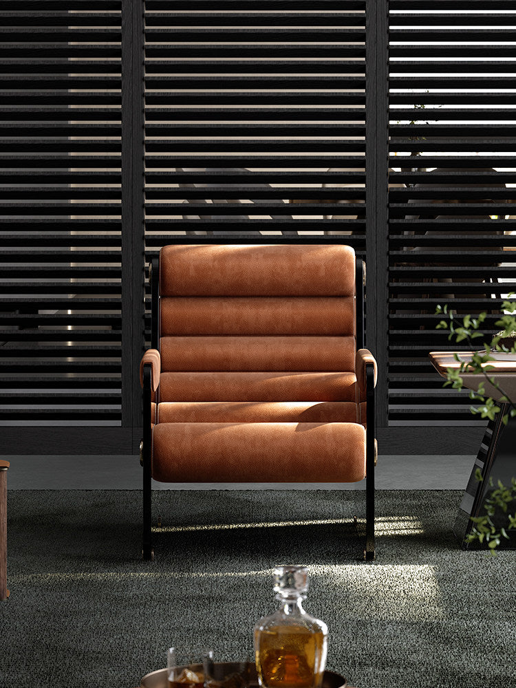 Modern Leather Lounge Chair, Floating Style Single Sofa Chair with Brown Full Grain Leather Cushions and Smoked Acrylic Side Panels, Luxury Accent Recliner Chair for Living Room, Bedroom, Office, Villa and Reading Corner