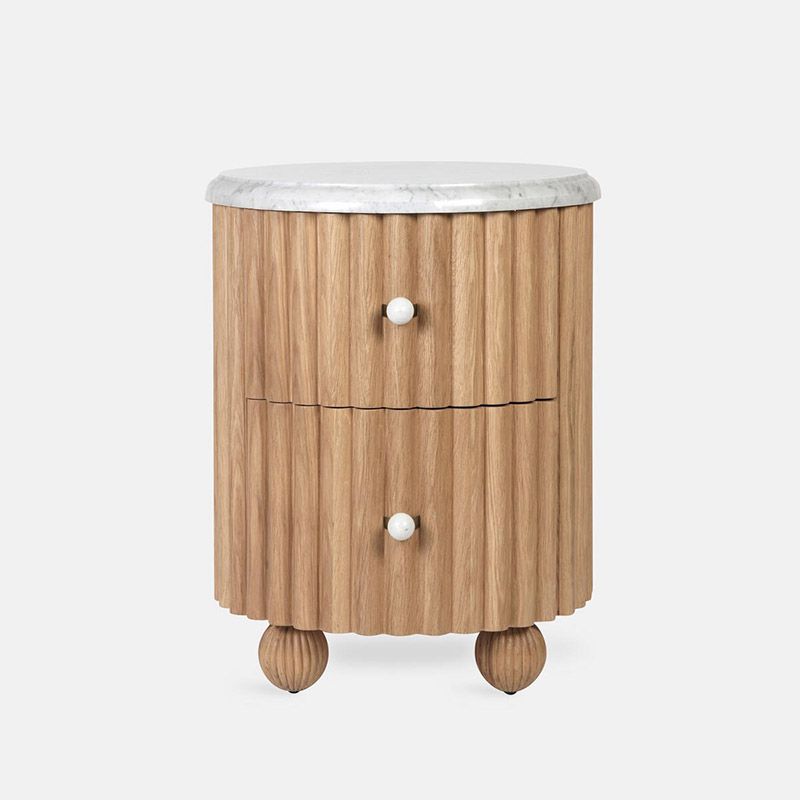 Natural Wood Fluted Round Nightstand with White Marble Top, 2 Drawer Bedside Table with Ball Feet, French Vintage Bedroom End Table for Living Room and Small Spaces