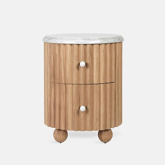 Natural Wood Fluted Round Nightstand with White Marble Top, 2 Drawer Bedside Table with Ball Feet, French Vintage Bedroom End Table for Living Room and Small Spaces