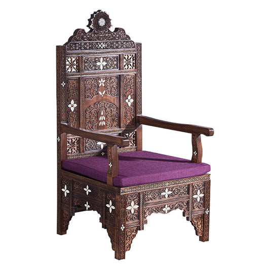 Tall Dark Brown Solid Wood Accent Armchair, Ornate Southeast Asian-Inspired Carved High-Back Chair with White Inlay Accents and Purple Cushion for Living Room, Hotel Lounge and Entryway