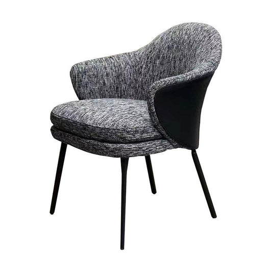 Dark Gray Textured Fabric Dining Armchair, Modern Minimalist Curved Wraparound Back Chair with Black Contrast Panels and Slim Metal Legs for Dining Room, Kitchen, Bedroom and Reception