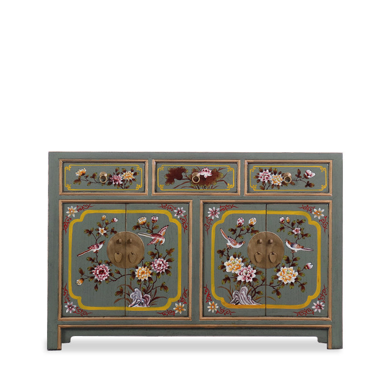 Hand Painted Floral Sideboard Cabinet, Antique Style Solid Wood Buffet Credenza with Bird and Flower Artwork, 4 Door 3 Drawer Storage Cabinet for Dining Room, Entryway and Living Room