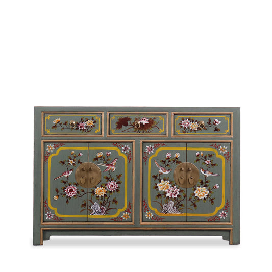 Hand Painted Floral Sideboard Cabinet, Antique Style Solid Wood Buffet Credenza with Bird and Flower Artwork, 4 Door 3 Drawer Storage Cabinet for Dining Room, Entryway and Living Room