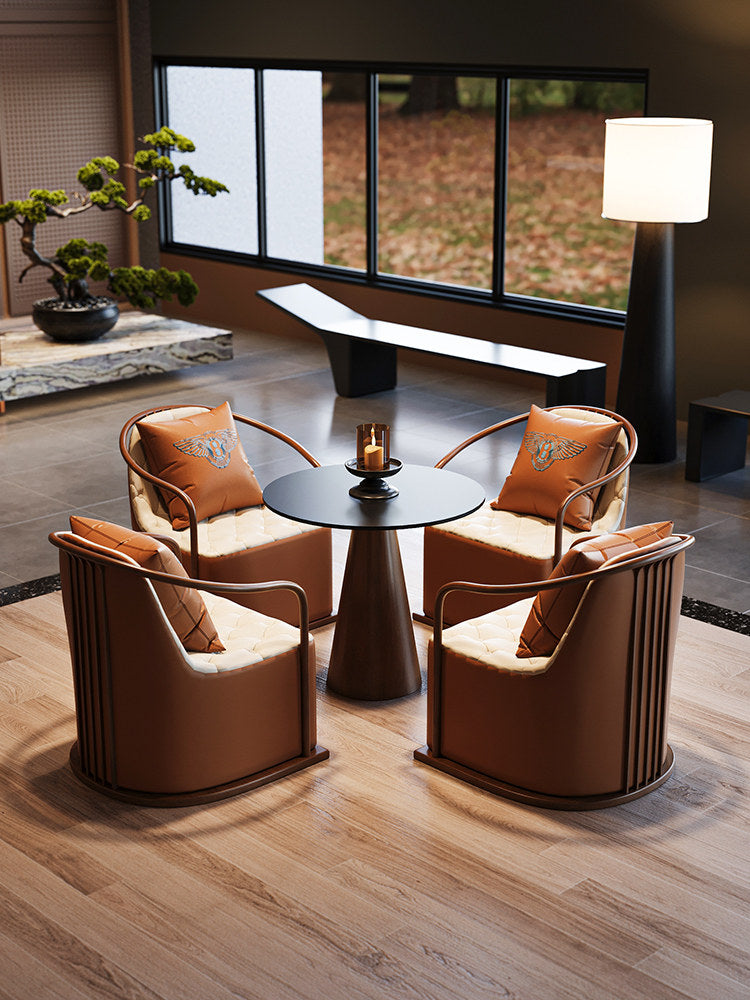 Brown Upholstered Accent Chair with Wood-Grain Metal Frame