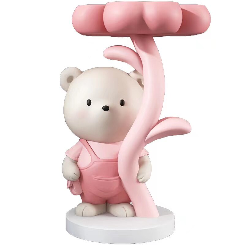Pink Resin Bear Side Table, Round Floral Top Accent End Table, Cute Cartoon Pedestal Bedside Table for Living Room, Sofa Side, Bedroom, Nursery and Kids Room
