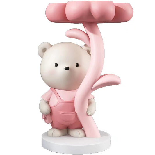 Pink Resin Bear Side Table, Round Floral Top Accent End Table, Cute Cartoon Pedestal Bedside Table for Living Room, Sofa Side, Bedroom, Nursery and Kids Room