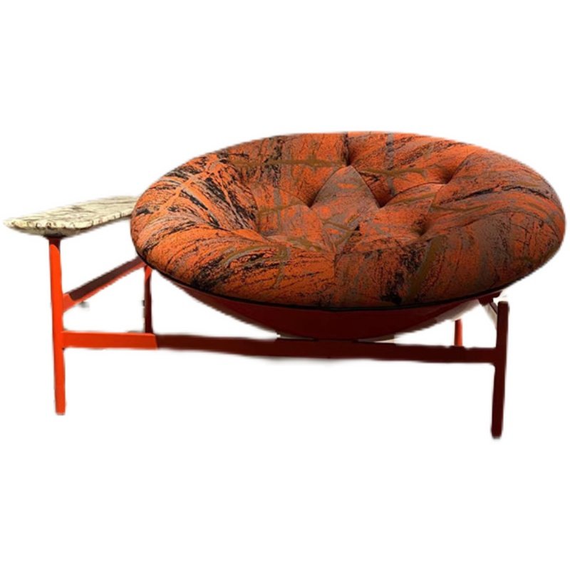 Orange Round Lounge Chair with Attached Side Table, Modern Upholstered Accent Chair with Metal Frame, Oversized Saucer Chair for Living Room, Bedroom, Reading Corner, Studio and Luxury Home Decor