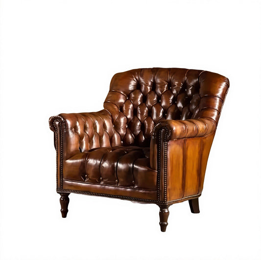 Vintage Brown Leather Club Chair with Tufted Back and Nailhead Trim