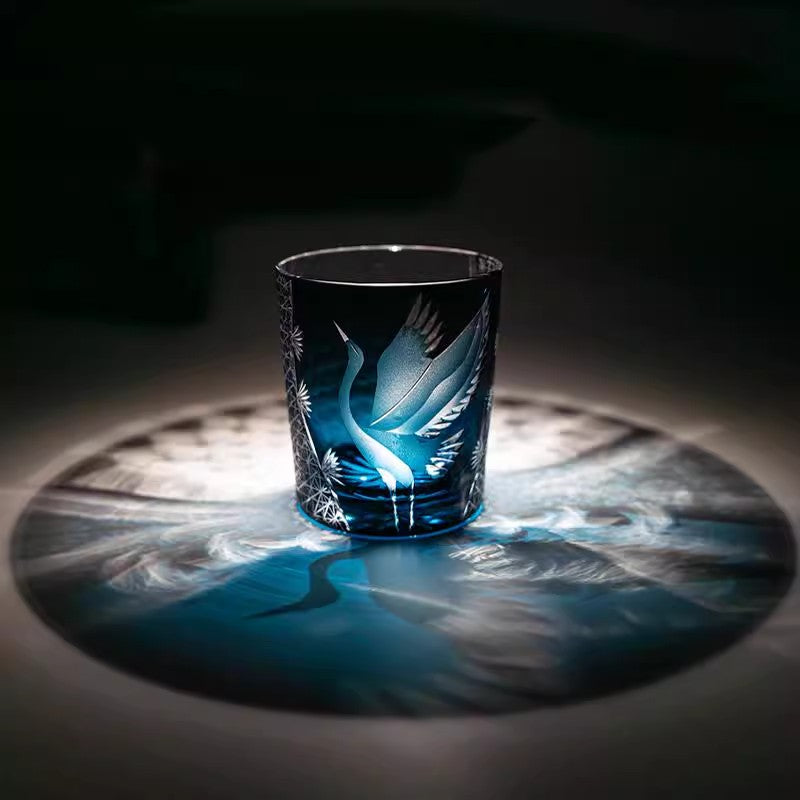 Blue Crane Etched Whiskey Glass, Decorative Cut Style Rocks Tumbler with Gift Box, Artistic Old Fashioned Glass for Bourbon, Cocktails, Water, Home Bar, Kitchen, Bar Cart Display