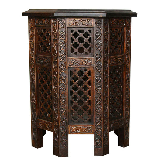 Hand-Carved Solid Wood Side Table, Square Pedestal End Table with Ornate Lattice Panels and Dark Coffee Finish for Living Room, Bedroom or Entryway
