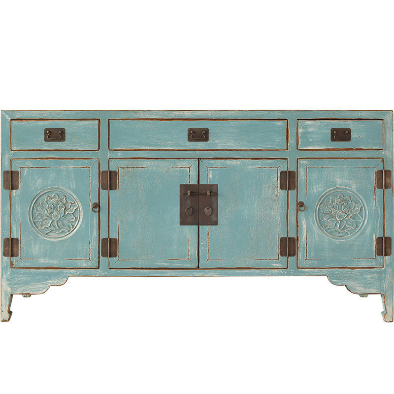 Distressed Blue 4-Door Sideboard with 3 Drawers, Vintage Storage Cabinet