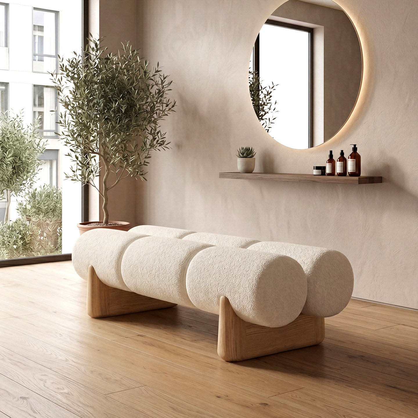 Cream White Upholstered End of Bed Bench, Sherpa Style Accent Bench with Solid Wood Base, Modern Bedroom Bench, Entryway Seat, Footstool for Living Room, Closet, Boutique
