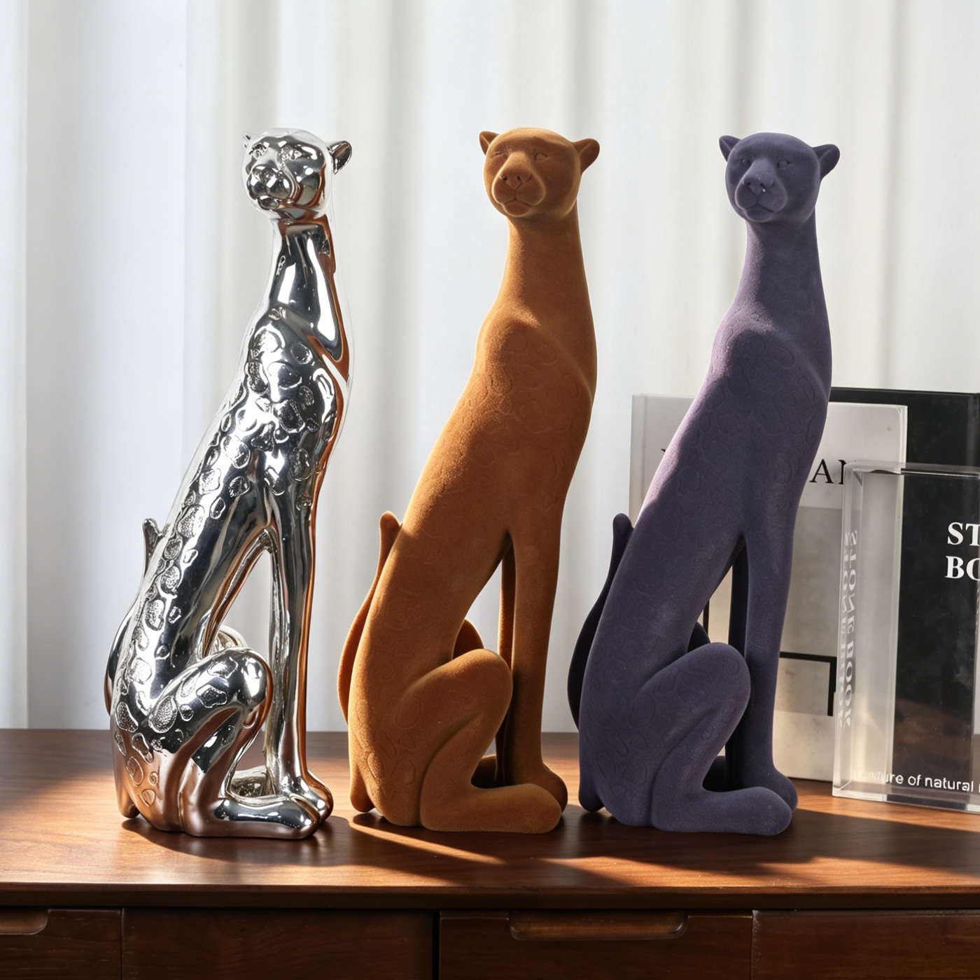 Set of 3 Sitting Leopard Statues, Modern Big Cat Animal Sculptures, Blue Velvet Flocked Brown Flocked and Silver Decor Figurines for Living Room, Office, Entryway, Shelf, Console Table