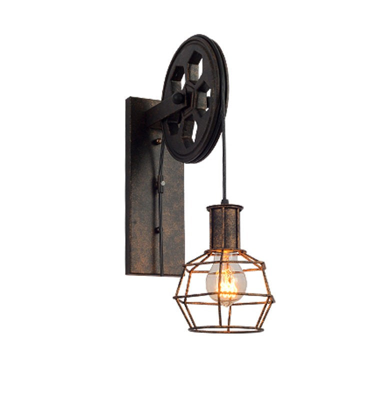 Industrial Pulley Wall Sconce, Vintage Loft Wall Lamp with Metal Cage Shade, Adjustable Rustic Wall Light Fixture for Cafe, Restaurant, Hallway, Entryway, Bar, Bedroom
